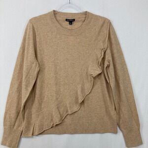 New J.Crew Ruffle Front Sweater Large Tan Neutral Wool Blend Preppy